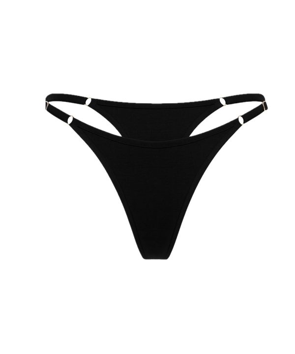 Women’s black organic cotton thong panties with double side straps and metal ring details