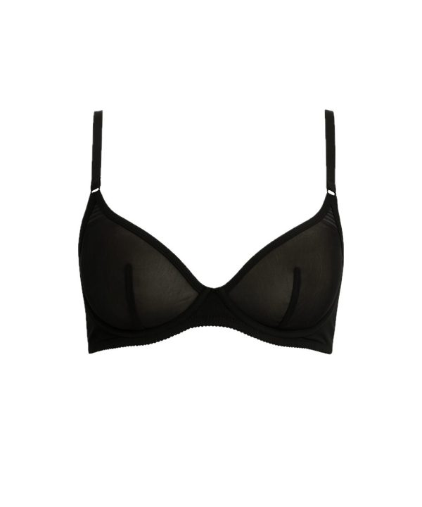 Women’s black mesh underwire bra with adjustable straps.