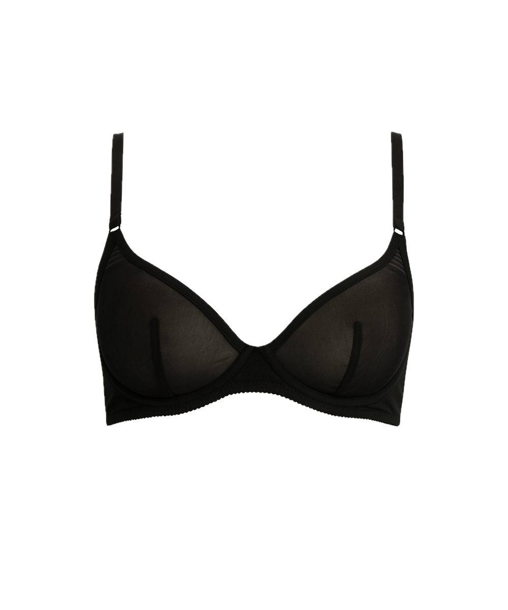 Women’s black mesh underwire bra with adjustable straps.