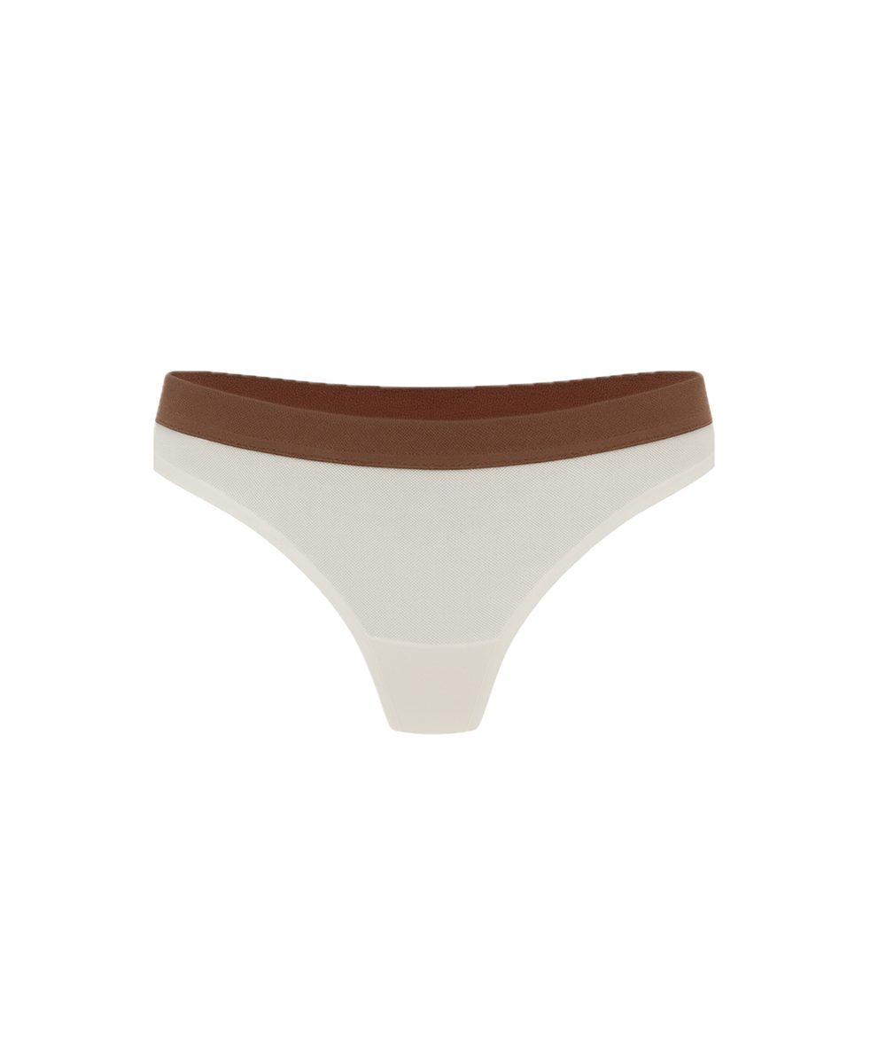 Dámské bílé síťované kalhotky se širokou hnědou elastickou gumou v pase.