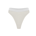 Women’s white thong panties with soft fabric and wide elastic waistband.