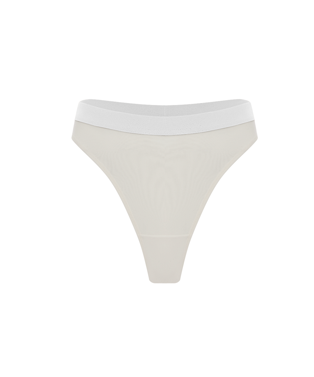 Women’s white thong panties with soft fabric and wide elastic waistband.