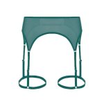 Teal mesh lingerie garter belt with adjustable straps and leg harness detail for women